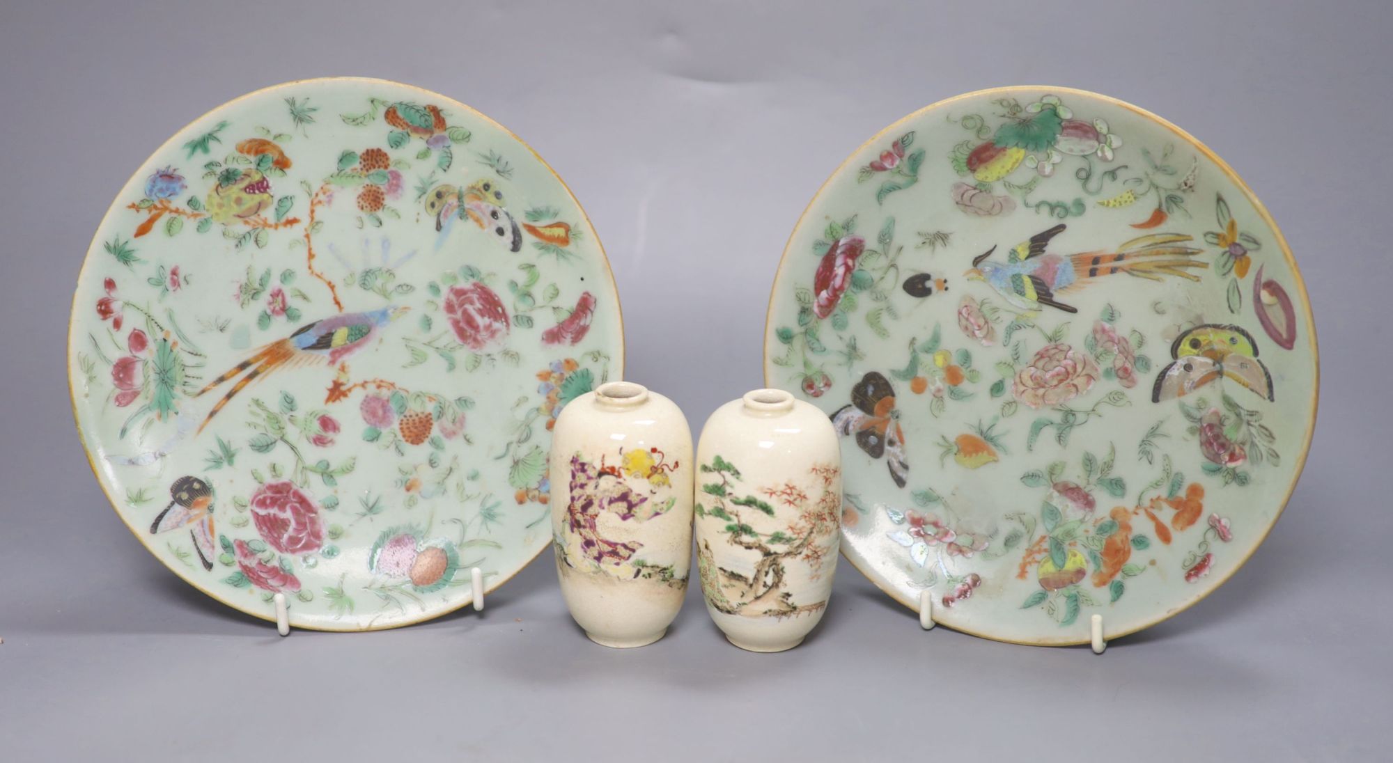 A pair of Cantonese celadon ground dishes, painted with birds and flowers, diameter 19cm, and a pair of Satsuma vases